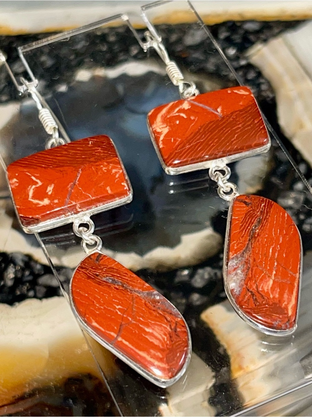 Red Orangey Snakeskin Jasper Earrings 2 1/2”